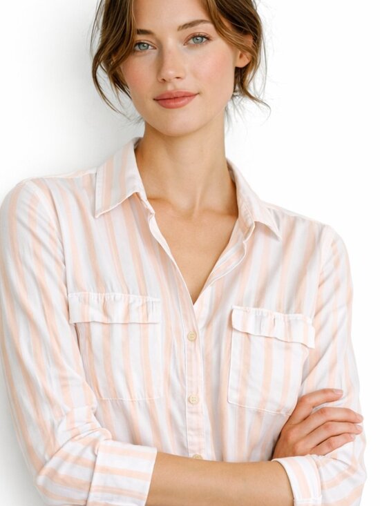 LOFT Tops - Loft long button down shirt, subtle shades of peach and white stripes